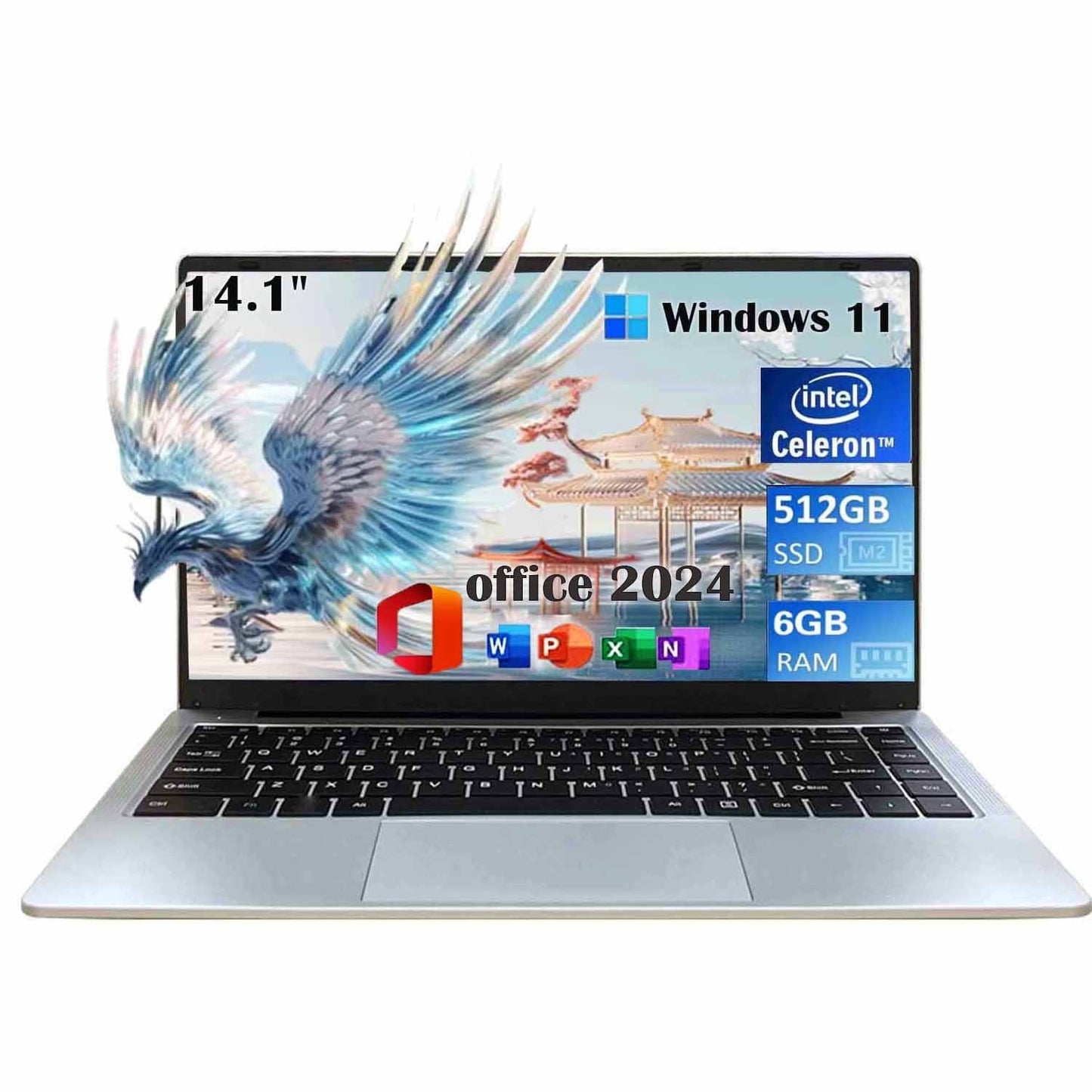 14.1 High-Performance Laptop Computer Free Office 2024 6GB RAM 512GB SSD (2.6 GHz Intel Celeron N4000 Processor )Notbook Laptop FHD Graphics Card Suitable for work Business Windows 11