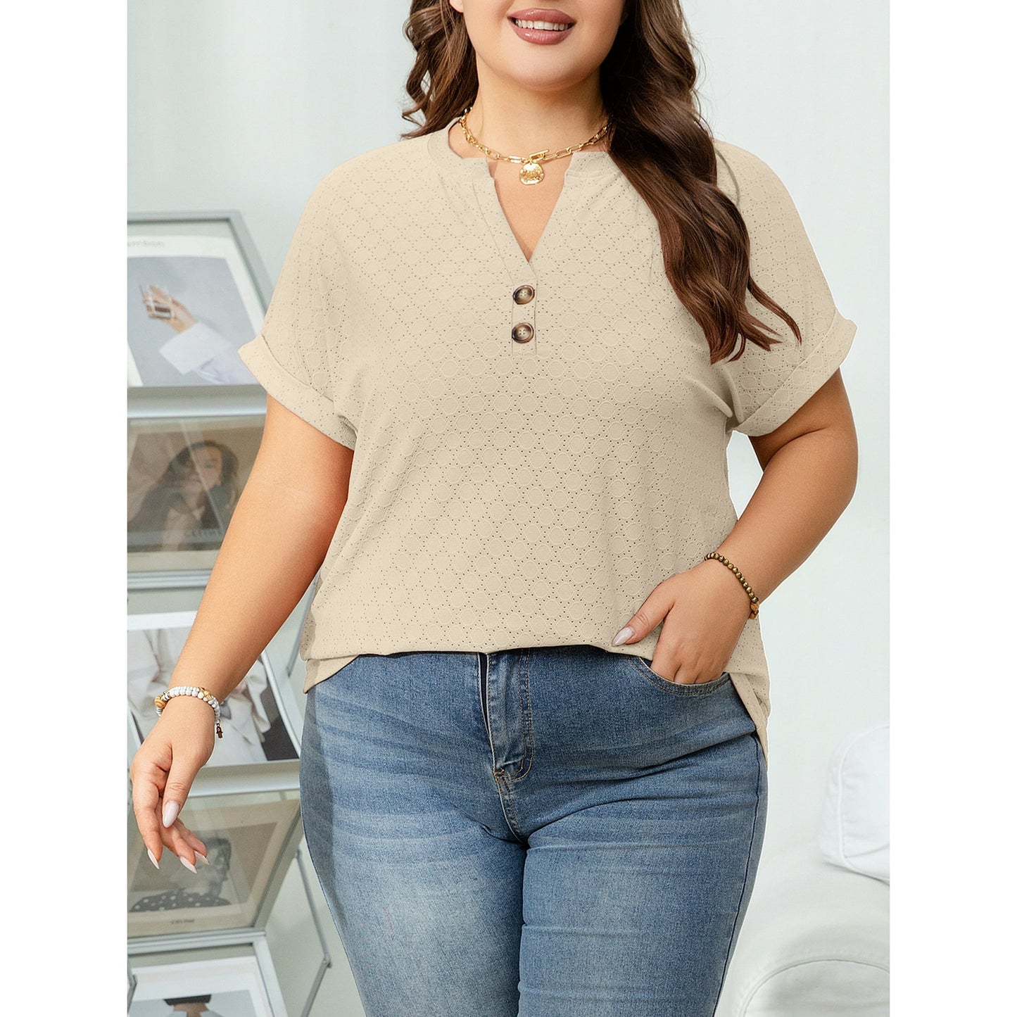 Cuteduck Womens Plus Size Short Sleeve Henley V-Neck Button Top Lace Textured Blouse 1X-5X