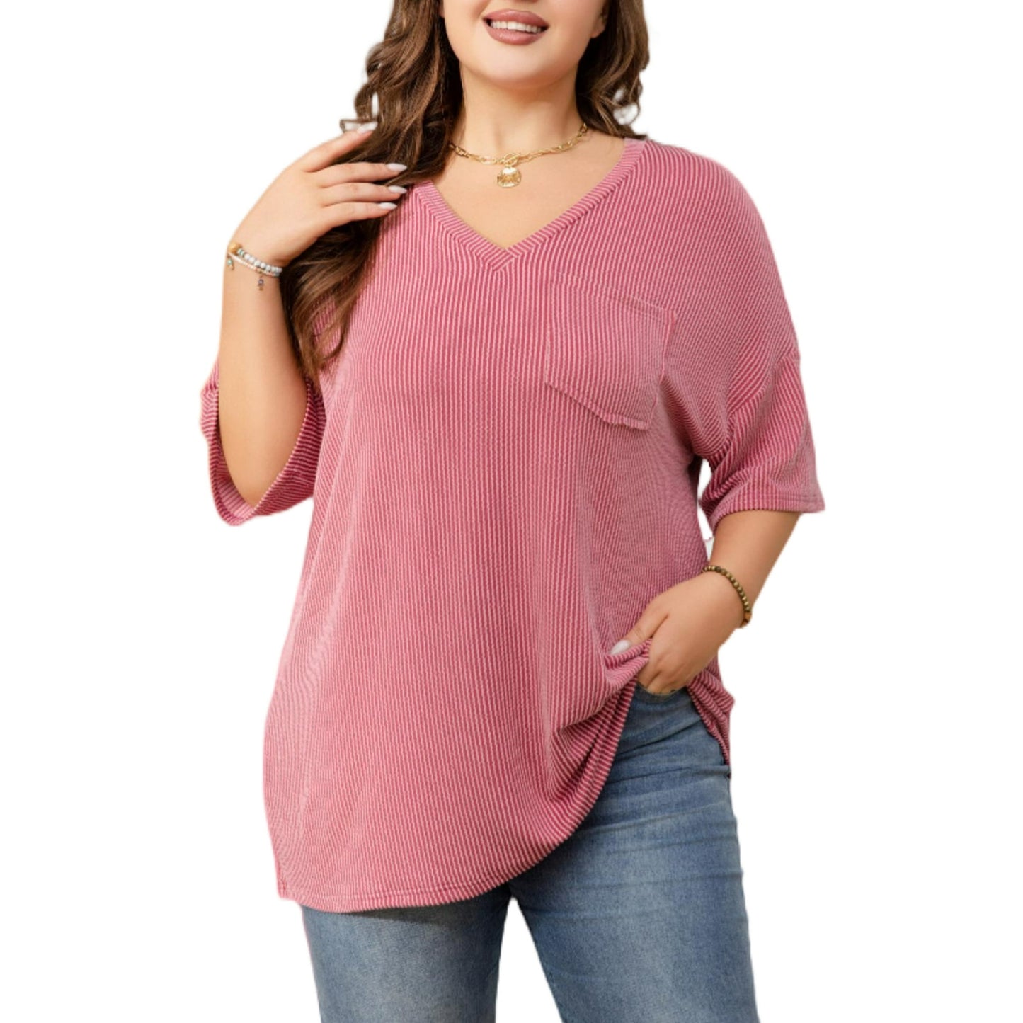 Mengpipi Womens Plus Size V-Neck Ribbed Knit Top Casual Loose Fit Half Sleeve T-Shirt 1X-5X
