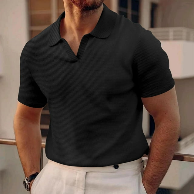 Mens Polo Shirts Casual Short Sleeve Lapel Neck T Shirt Classic Button Down Golf Shirts, Black
