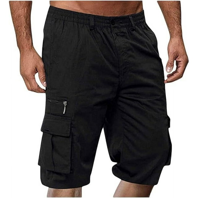 Mens Shorts Casual Cargo Pants Relaxed Fit Elastic Waist with Pockets, Black