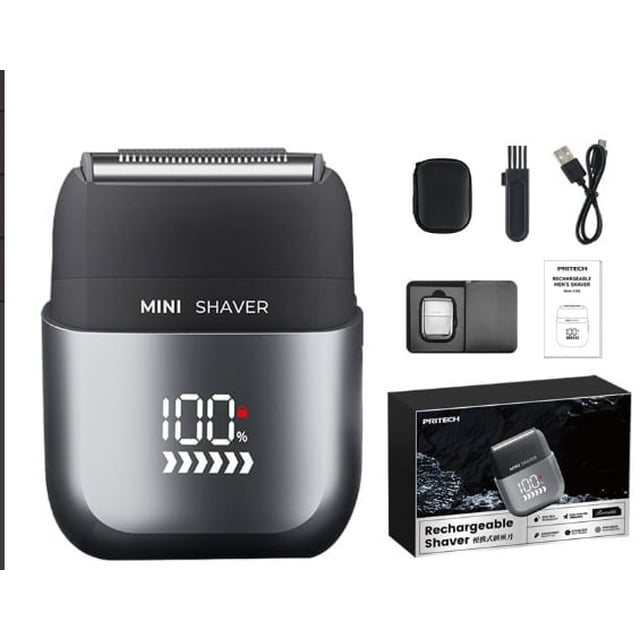 Mini Shaver On-The-Go, Portable Alloy Electric Shaver for Men, Cordless Travel Shavers, Dry Shave, USB-C Rechargeable Electric Razor, IPX7 Waterproof, Easy Cleaning, Battery Indicator, Silver