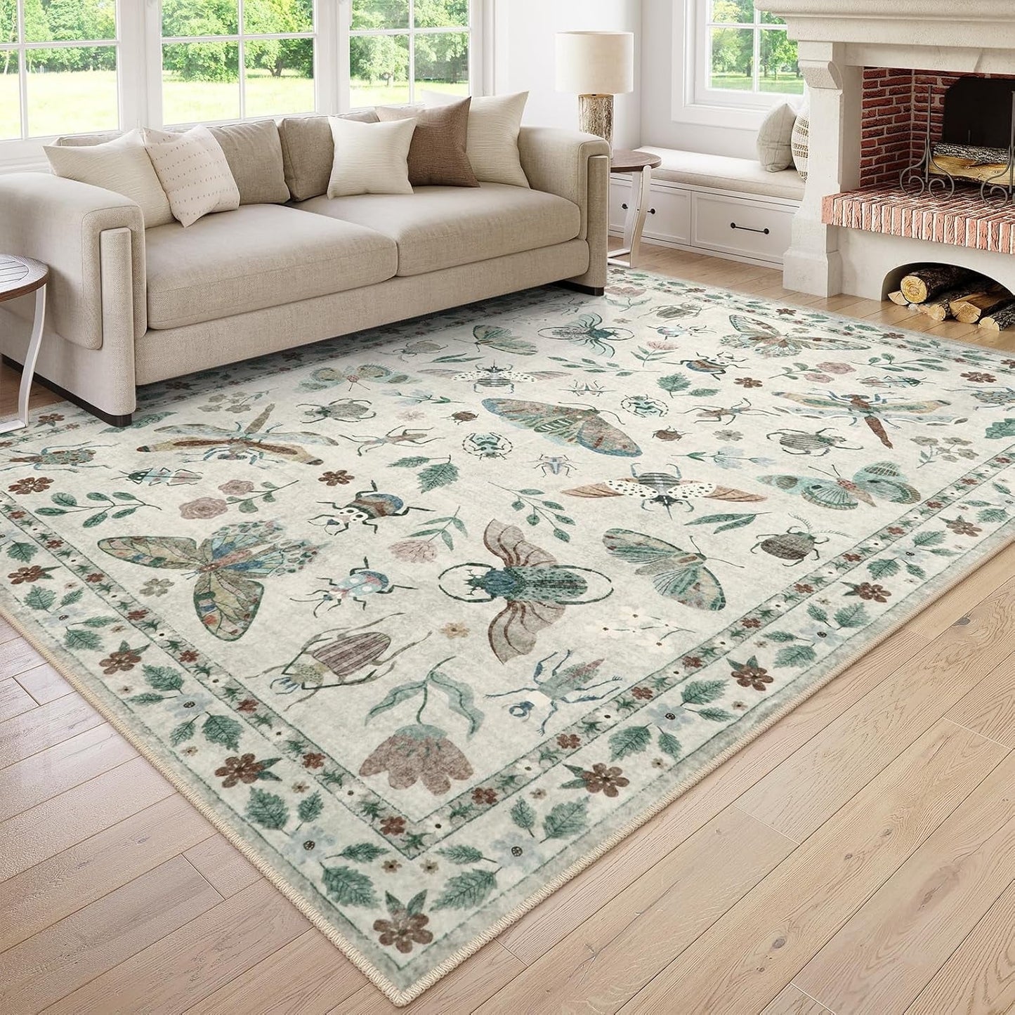 Moynesa 5'x7' Insect Print Washable Area Rugs, Soft Rugs for Living Room Ultra-Thin Non-Shedding Modern Bedroom Rug, Stain Resistant Throw Rug Large Carpet for Dining Room Kids Nursery,Beige