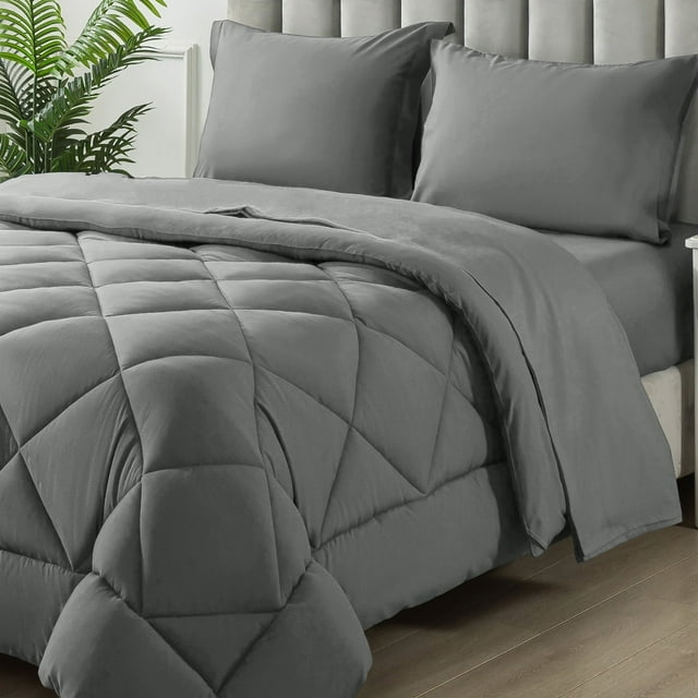WISHEAD Queen Bed in a Bag Comforter Set with 7 Pieces - Light Gray All Season Bedding Sets with Comforter, Pillow Shams, Flat Sheet, Fitted Sheet and Pillowcases