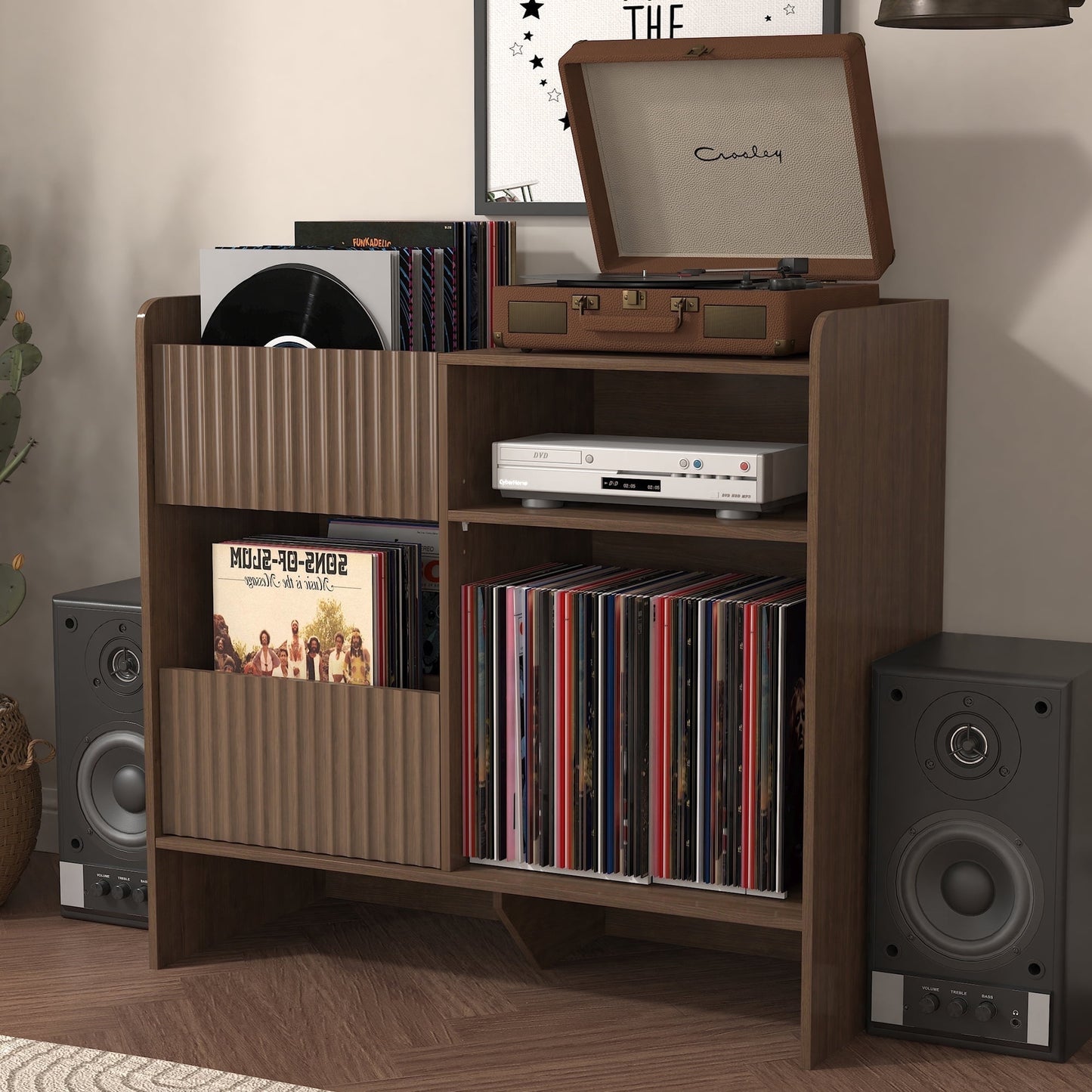 BOMETAO Record Player Stand, Turntable Stand with Record Storage for Vinyl Up to 350 Albums,Record Stand with Drawers for Living Room, Office, Walnut
