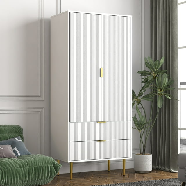Wardrobe Modern White Armoire Closet 71" H x 31" W x 20" D with 2 Doors and 2 Drawers, Hanging Rail, Functional Clothes Storage Cabinet for Bedroom or Apartment, White