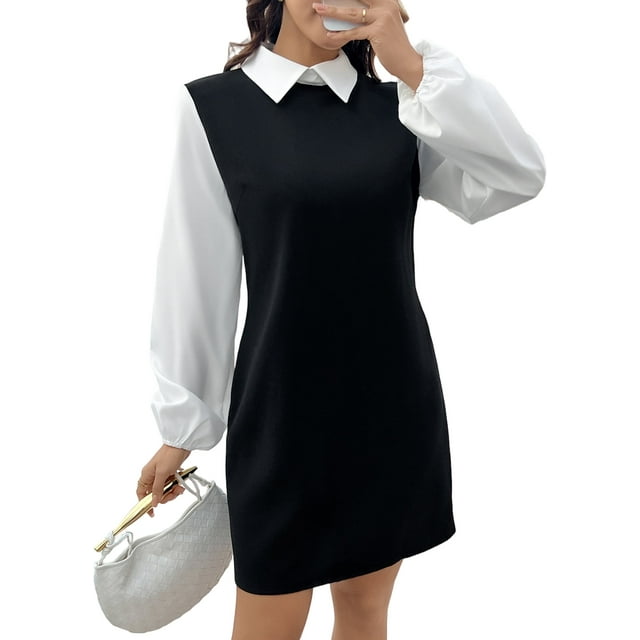 Women's Dresses Long Sleeve Lantern Sleeve 2-in-1 Dress Casual Spring Fall Outfit for Holidays Wedding Guests Business Everyday Wear (Black)