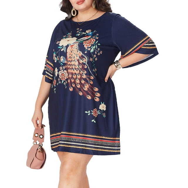 MLDRA Plus Size Summer Dress For Women Dress Peacock Print Stretchy Comfort Fit Crew Neck Casual