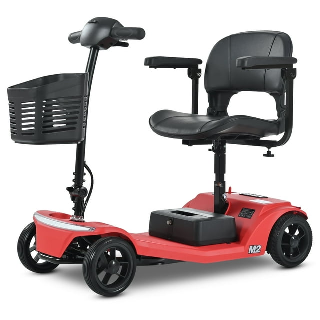 Yardmaster 4-Wheel Foldable Mobility Scooter, Portable Electric Scooter with Adjustable Seat, Updated Removable Battery, Explosion-proof wheels, Easy Assembly, Best Gift for Wife and Senior, Red