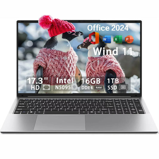 17.3" High-performance Laptop, Computer with Windows 11, Office 2024, Conference camera, Intel N5095, 16GB RAM, 1TB SSD, Support Backlit Keyboard,Type-C interface, Fingerprint, BT 5.0
