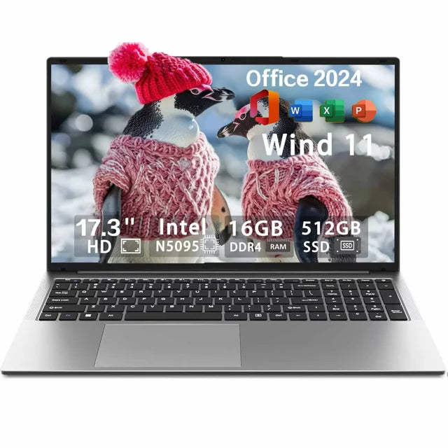 17.3" High-performance Laptop, Computer with Windows 11, Office 2024, Conference camera, Intel N5095, 16GB RAM, 512GB SSD, Support Backlit Keyboard,Type-C interface, Fingerprint, BT 5.0