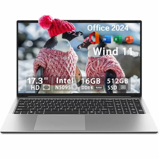 17.3" High-performance Laptop, Computer with Windows 11, Office 2024, Conference camera, Intel N5095, 16GB RAM, 512GB SSD, Support Backlit Keyboard,Type-C interface, Fingerprint, BT 5.0