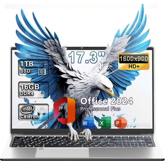 17.3 Inch High-Performance Business Laptop: Office 2024, Webcam, Intel Quad-Core N5095, 16GB RAM, 1TB SSD, Backlit Keyboard, Wi-Fi, Fingerprint , Type-C, Windows 11