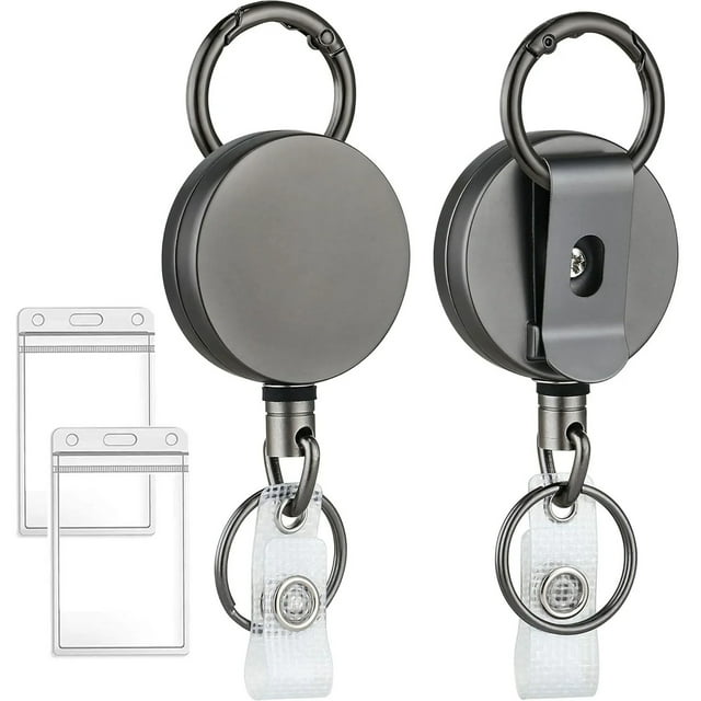 2 Pack Heavy Duty Retractable Badge Holder Reel, Metal ID Badge Holder with Belt Clip Key Ring for Name Card Keychain [All Metal Casing, 27.5" Fiber Cord, Reinforced Id Strap]