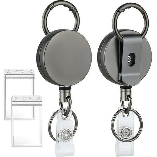 2 Pack Heavy Duty Retractable Badge Holder Reel, Metal ID Badge Holder with Belt Clip Key Ring for Name Card Keychain [All Metal Casing, 27.5" Fiber Cord, Reinforced Id Strap]