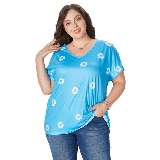 2025 Women's Plus Size Top Flower Printed V Neck Short Sleeve Casual Plus Size Tops for Women