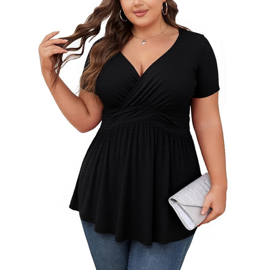 2025 Women's Plus Size Tops V Neck Short Sleeve Plus Size Tunic Tops for Women Dressy Wrap Shirts