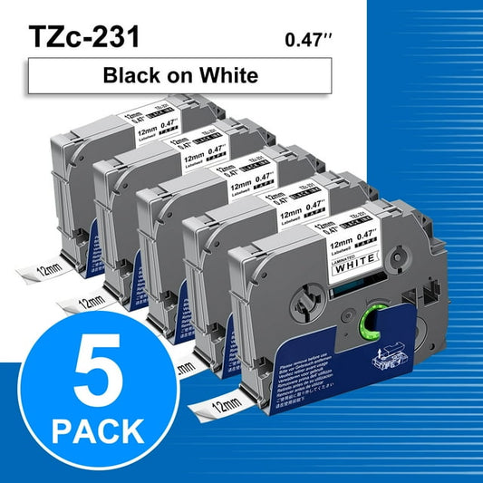 5-Pack 231 Label Maker Tape for Brother P Touch TZe231 Tape Label Tape 12mm 0.47 Inch Laminated White Label Maker Tape TZe-231 for P Touch PT-D210 PTH110 PT-D220 PTD600, 26.2 Feet