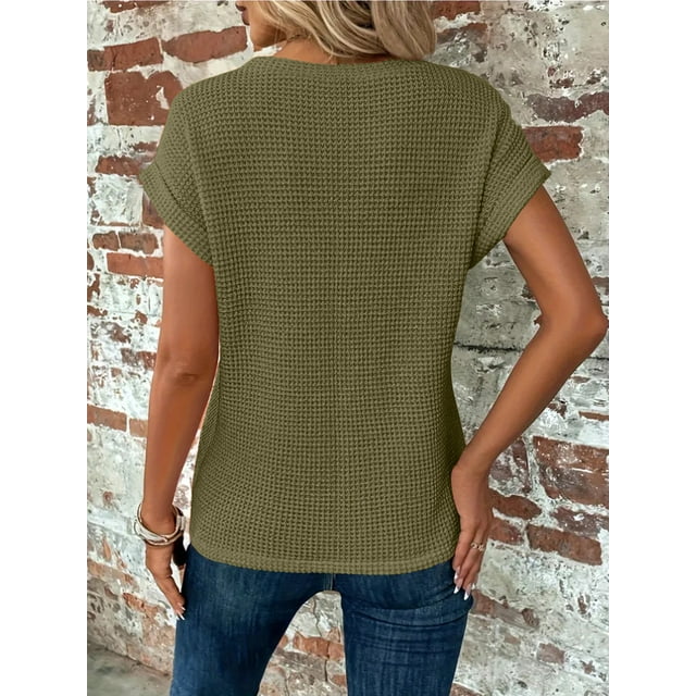 QINCAO Womens Tops Waffle Knit Twist Front Rolled-Up Sleeves Casual Loose Shirts S-XXL