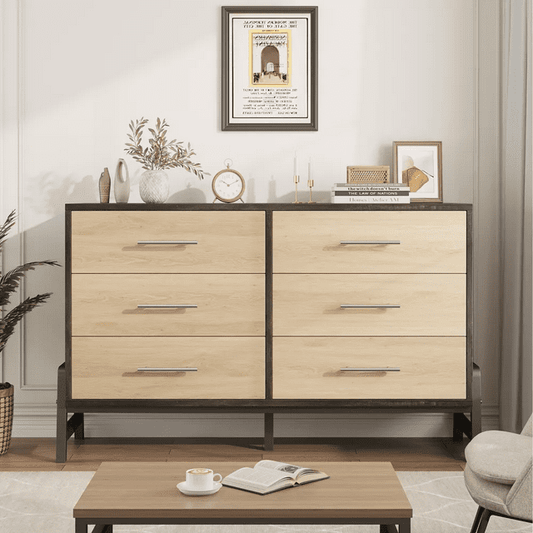 6 Drawer Dresser for Bedroom 52"Wide Dresser Modern Dresser Storage Chest Freestanding for Bedroom Living Room Entryway natural oak+brown
