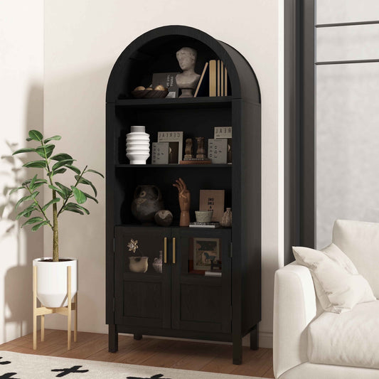 BOMETAO Arch Bookcase with Doors and Adjustable Shelves, 70" Tall Kitchen Pantry Cabinet, 5-Tier Arched Bookshelf with Display Storage Cabinets for Kitchen, Living Room, Black