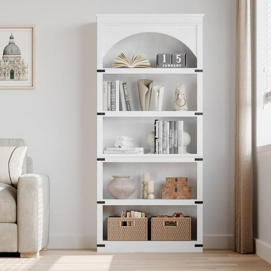 Cabihome Arched Bookcase, 68.7 in 5 Shelf Farmhouse Wooden Tall Bookshelves for Living Room, Office, White