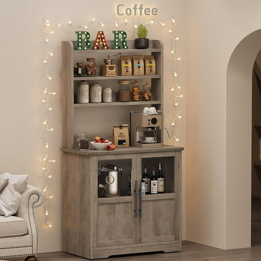 Cabihome Bakers Rack, Farmhouse Microwave Stand with Storage Cabinet and Power Outlets, for Kitchen,Dining Room Gray