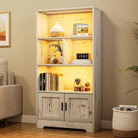 Cabihome Modern Bookcase, Wooden Storage Tall Bookshelf with Doors and LED Lights,for Bedroom, Living Room