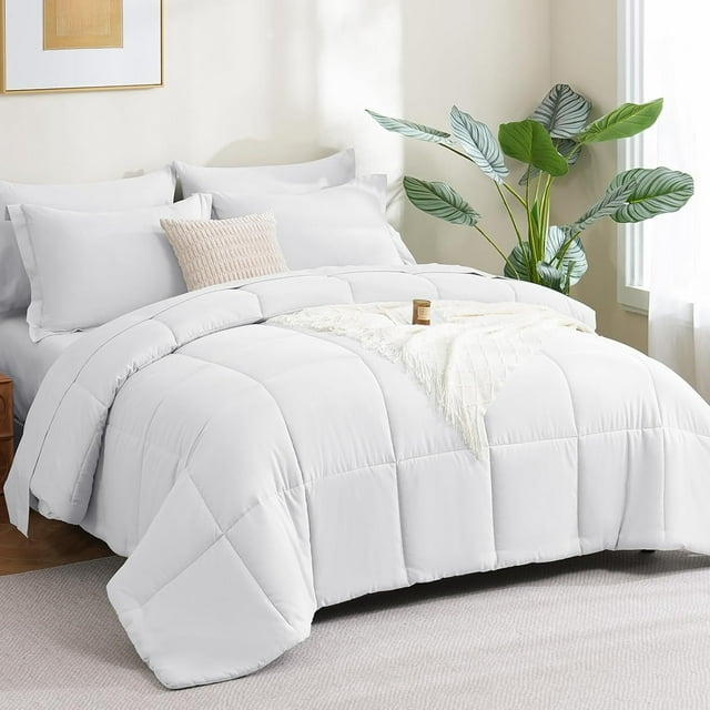 Comforter Set - 7-Piece All Season Bed in a Bag King, Ultra Soft Bedding Set with Comforter, Flat Sheet, Fitted Sheet, Pillowcases, Pillow Shams, White