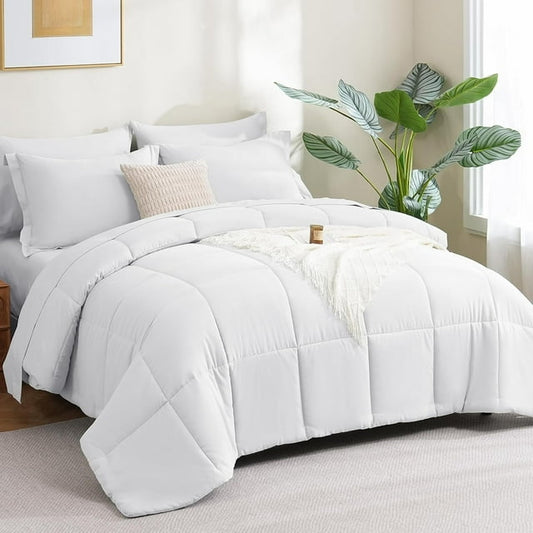 Comforter Set - 5-Piece All Season Bed in a Bag Twin, Ultra Soft Bedding Set with Comforter, Flat Sheet, Fitted Sheet, Pillowcases, Pillow Shams, White