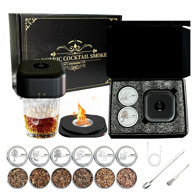 Electric Whiskey Smoker Kit with 6 Wood Chips, Rechargeable Cocktail Smoker Kit Built in Lighter, No Butane Needed, Birthday Christmas Anniversary Bourbon Whiskey Gifts for Men,Dad,Husband