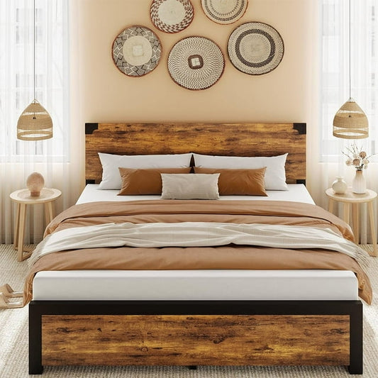 Cabihome Full Bed Frame, Retro Bed Frame with Wood Headboard and Metal Legs, No Box Spring Needed, -Rustic Brown