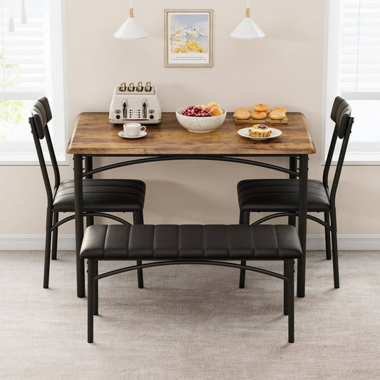 Jotoa Kitchen Table and Chairs for 4, Rectangular Kitchen Table Set with Upholstered Bench, for Small Space, Apartment, Dinner-Brown