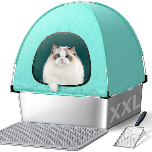 Stainless Steel Cat Litter Box with High-Sided Oxford Fabric Cover,Extra Large Square,Easy to Clean