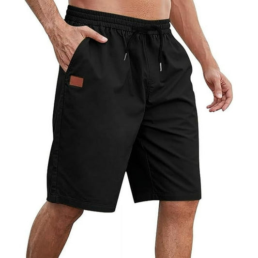 Mens Casual Elastic Waist Cargo Short Relaxed Fit Drawstring Classic Cargo Stretch Pants, Black