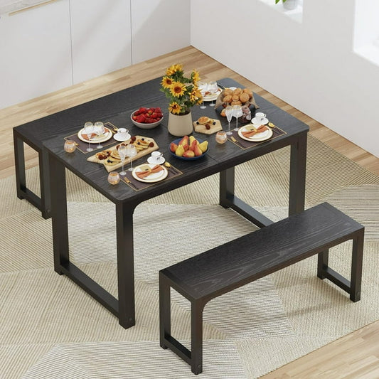 63” Kitchen Table Sets for 4 with 2 Benches, Noelse Extendable Dining Table Set for 4 with Chairs Dining Room Table and Chairs for Kitchen Apartment Outdoor and Home Office, Black