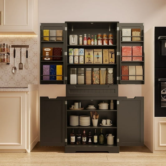 Tall Pantry Storage Cabinet, Noelse 71'' Kitchen Pantry Cabinet with 2 Doors and 6 Shelves for Kitchen Dining Room and Craft Room, Black