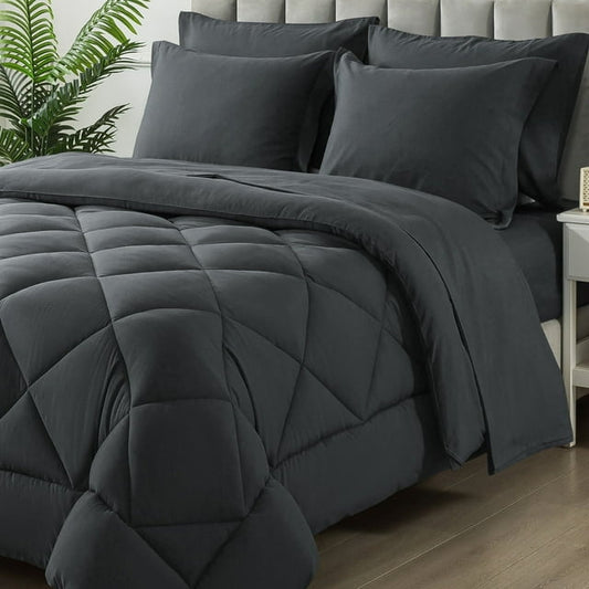 Wishead Queen Bed in a Bag Comforter Set with 7 Pieces - Dark Gray All Season Bedding Sets with Comforter, Pillow Shams, Flat Sheet, Fitted Sheet and Pillowcases