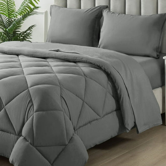 WISHEAD Queen Bed in a Bag Comforter Set with 7 Pieces - Light Gray All Season Bedding Sets with Comforter, Pillow Shams, Flat Sheet, Fitted Sheet and Pillowcases