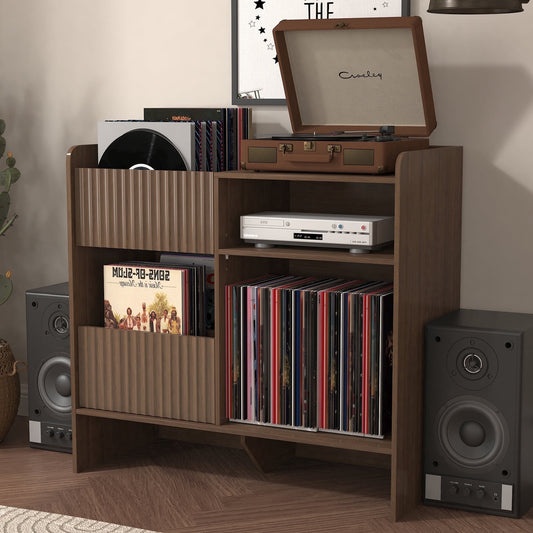 BOMETAO Record Player Stand, Turntable Stand with Record Storage for Vinyl Up to 350 Albums,Record Stand with Drawers for Living Room, Office, Walnut