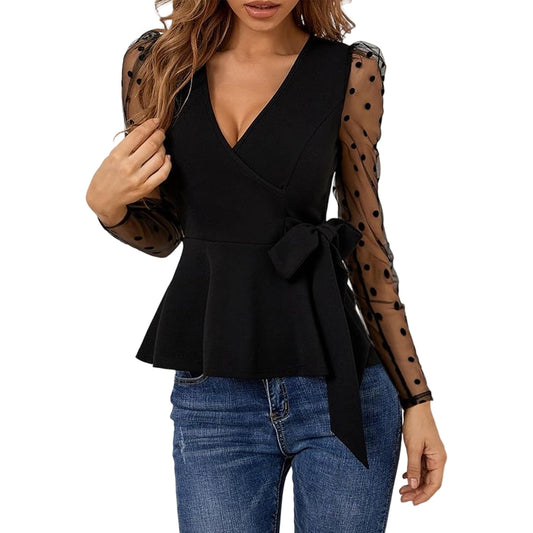 SOMER Womens V Neck Tops Black Going Out Tops for Women Dressy Casual Long Sleeve Lace Sexy Tops Trendy 2025