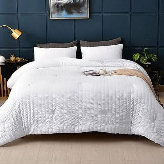 Vccoem Queen Comforter Set Soft and Comfortable All Season Seersucker Design with Bed Sheets Ideal for Bedroom Decor Stylish Bedding Set，White