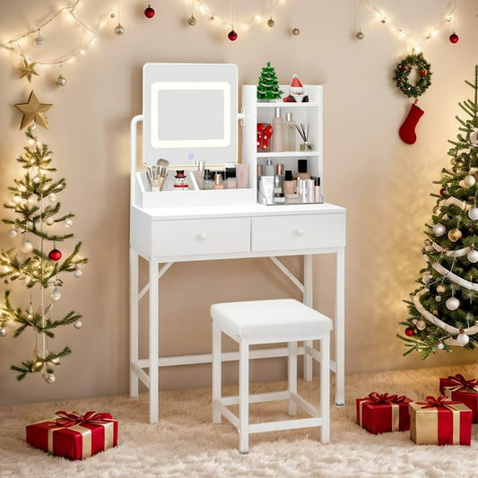 Vanity Desk with Lighted Mirror and Chair, Noelse Small Makeup Vanity with Lights and 1 Chair for Girls Kids and Women in Bedroom Bathroom and Closet Room, White