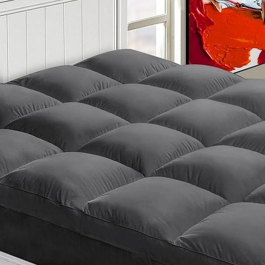 WISHEAD Breathable Fluffy Soft Mattress Topper,Extra Thick Mattress Pad Cover for Back Pain,Cooling Mattress Protector with 8-21 Inch Deep Pocket,(Dark Gray Queen)