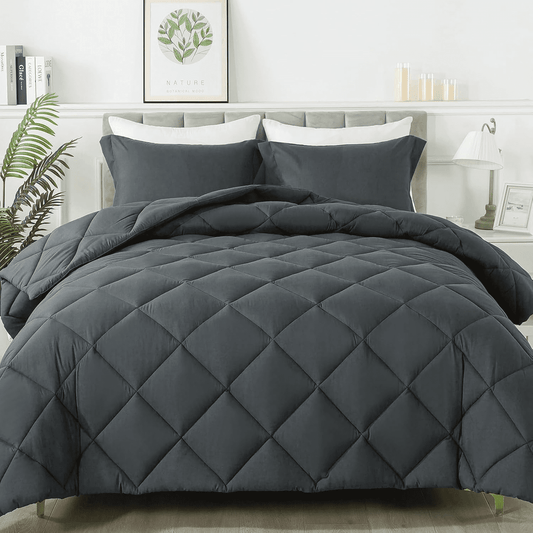 WISHEAD Comforters Queen Size All Season Soft Quilted Down Alternative Bedding Duvet Insert with Corner Tabs, Machine Washable, Dark Grey