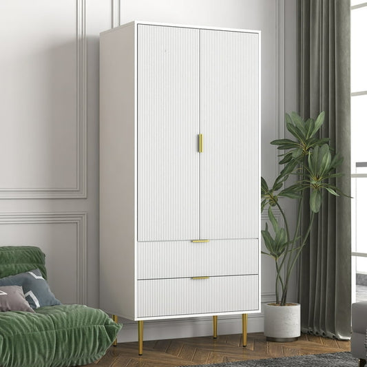 Wardrobe Modern White Armoire Closet 71" H x 31" W x 20" D with 2 Doors and 2 Drawers, Hanging Rail, Functional Clothes Storage Cabinet for Bedroom or Apartment, White