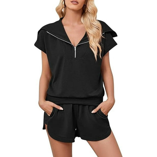 Women Two Piece Lounge Set Outfit Sweat Short Set Summer Sweatshirt Yoga Workout Short Sleeve V Neck Top Elastic High Waist Shorts Tracksuit Leisure Suit Black
