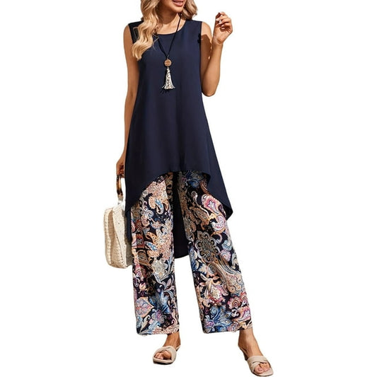Women's 2 Piece Lounge Set Beach Lounge Sets Summer Vacation Travel Going Out Outfit Sleeveless Tank Top High-Waisted Wide Leg Pants Leisure Bohemian Suit Loungewear