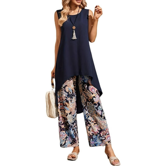 Women's 2 Piece Lounge Set Summer Sleeveless Tank Top High-Waisted Wide Leg Pants Business Casual Elegant Leisure Bohemian Suit Loungewear Outfit