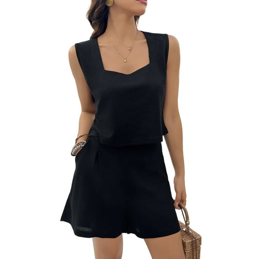 Women's 2-Piece Workout Lounge Sports Set Short Tank Athletic Travel Beach Vacation Set Summer Outfit Square Collar Vest Top High-Waisted Shorts with Pockets Black